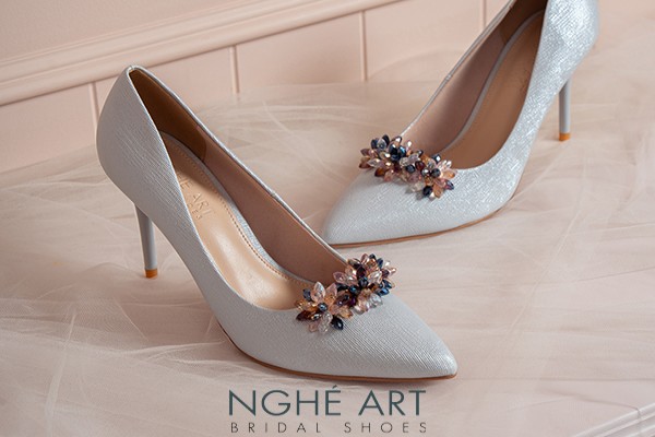 Giày cưới Nghé Art cao gót đính pha lê 608-377-10P-NHU - Xám xanh pastel - 10 phân