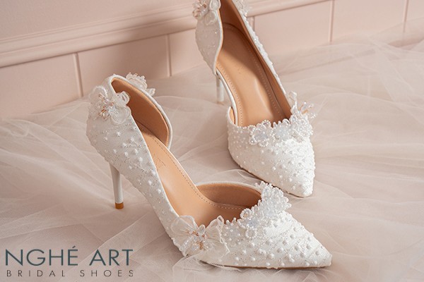Giày cưới Nghé Art cao gót ren cao cấp hoa pha lê 611-442-NHU-TRANG - Trắng - 7 phân