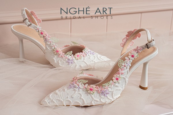 Giày cưới Nghé Art cao cấp form slingback ren viền hoa vintage 610-535-NHU-TRANG - Trắng - 9 phân