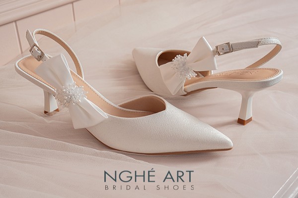 Giày cưới Nghé Art slingback gót nơ 580-535-NHU-TRANG - Trắng - 9 phân