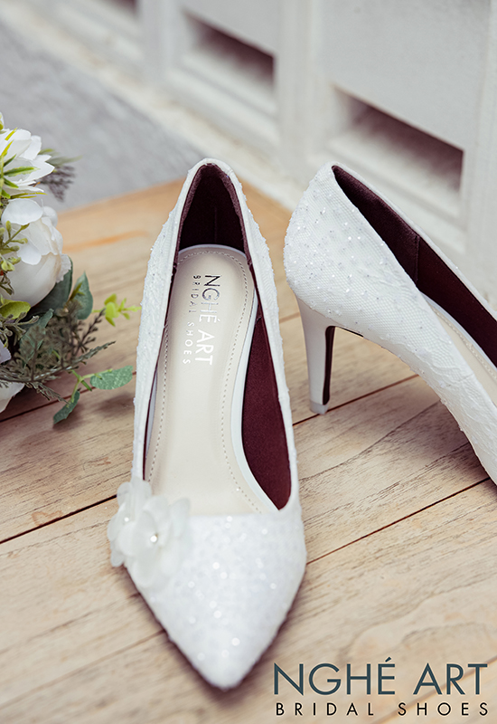 Giày cưới Nghé Art handmade kim tuyến đính hoa voan 266 - Ảnh 11 -  Nghé Art Bridal Shoes – 0908590288