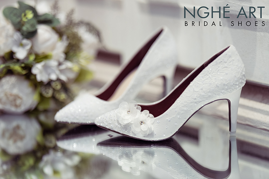 Giày cưới Nghé Art handmade kim tuyến đính hoa voan 266 - Ảnh 6 -  Nghé Art Bridal Shoes – 0908590288