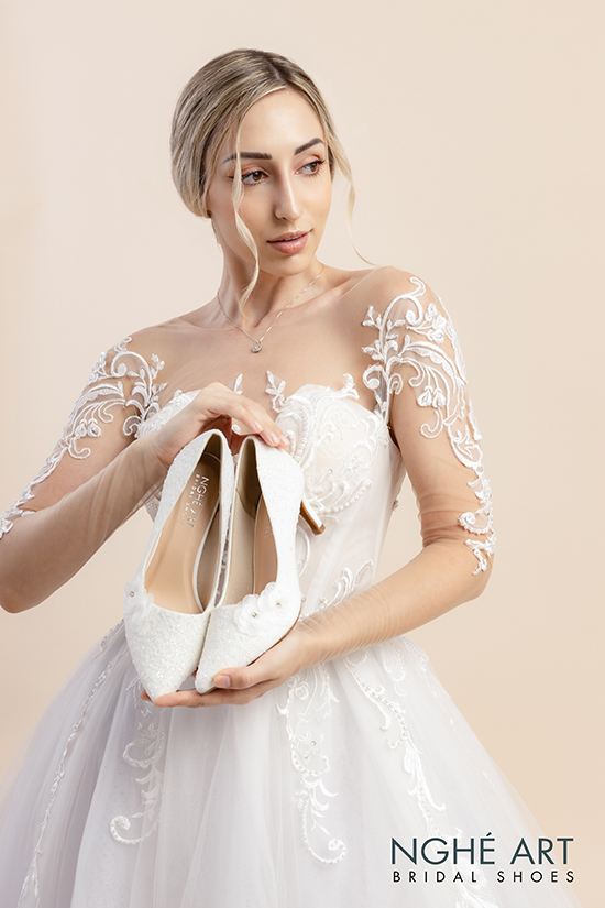 Giày cưới Nghé Art handmade kim tuyến đính hoa voan 266 - Ảnh mẫu tây 3 -  Nghé Art Bridal Shoes – 0908590288