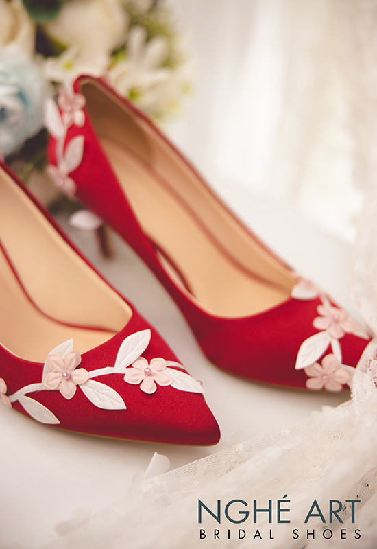 Giày cưới Nghé Art satin đỏ lá 308 - Ảnh 4 - Nghé Art Bridal Shoes – 0908590288