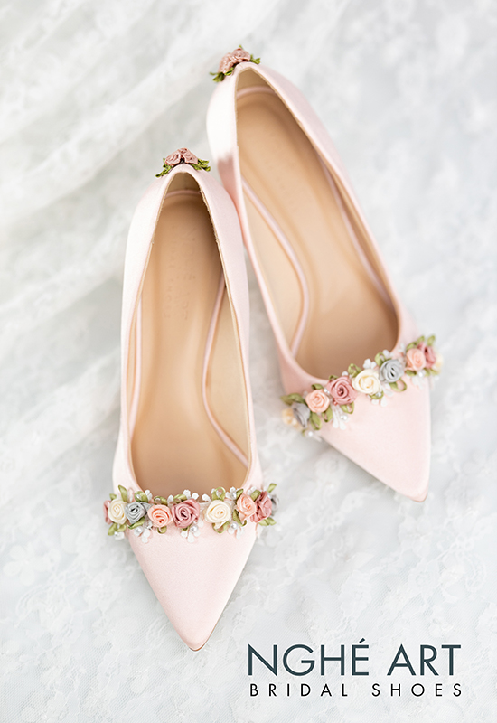 Giày cưới Nghé Art satin hồng hoa vintage 312 - Ảnh 6 - Nghé Art Bridal Shoes – 0908590288