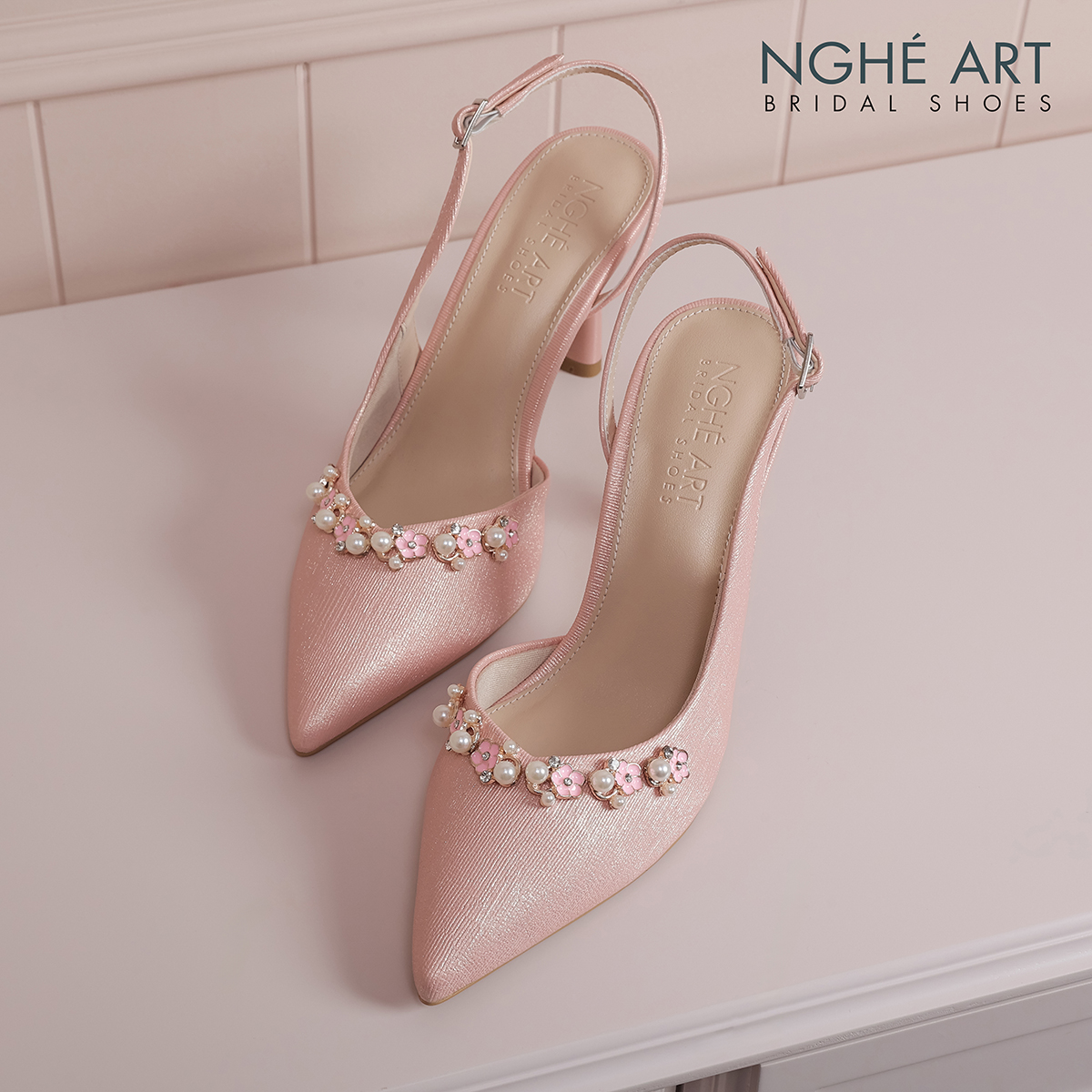 Giày cưới Nghé Art slingback hồng đính nhánh hoa kim loại 325-HONG-535-NHU-HONG - Ảnh 1 - Nghé Art Bridal Shoes – 0822288288