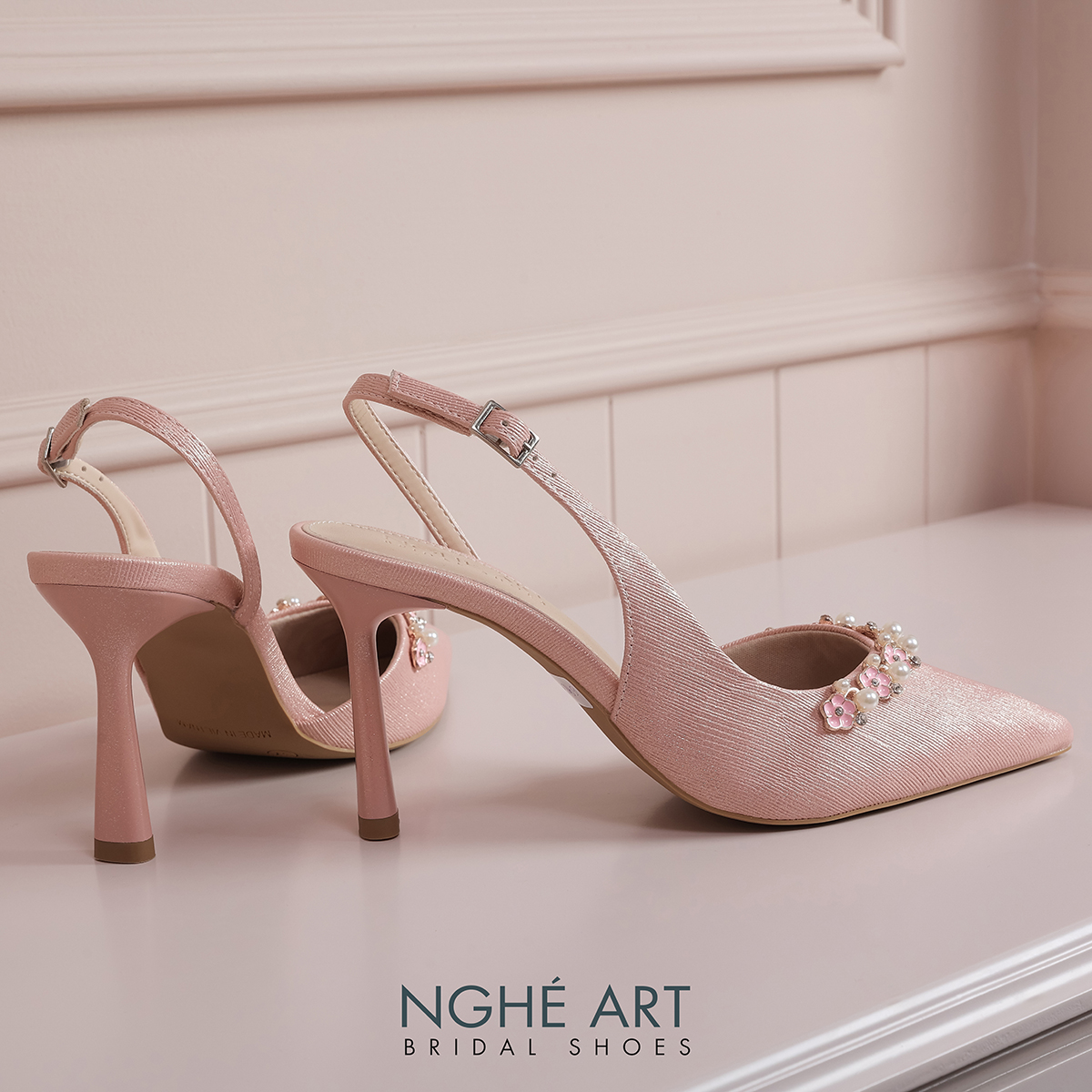 Giày cưới Nghé Art slingback hồng đính nhánh hoa kim loại 325-HONG-535-NHU-HONG - Ảnh 2 - Nghé Art Bridal Shoes – 0822288288