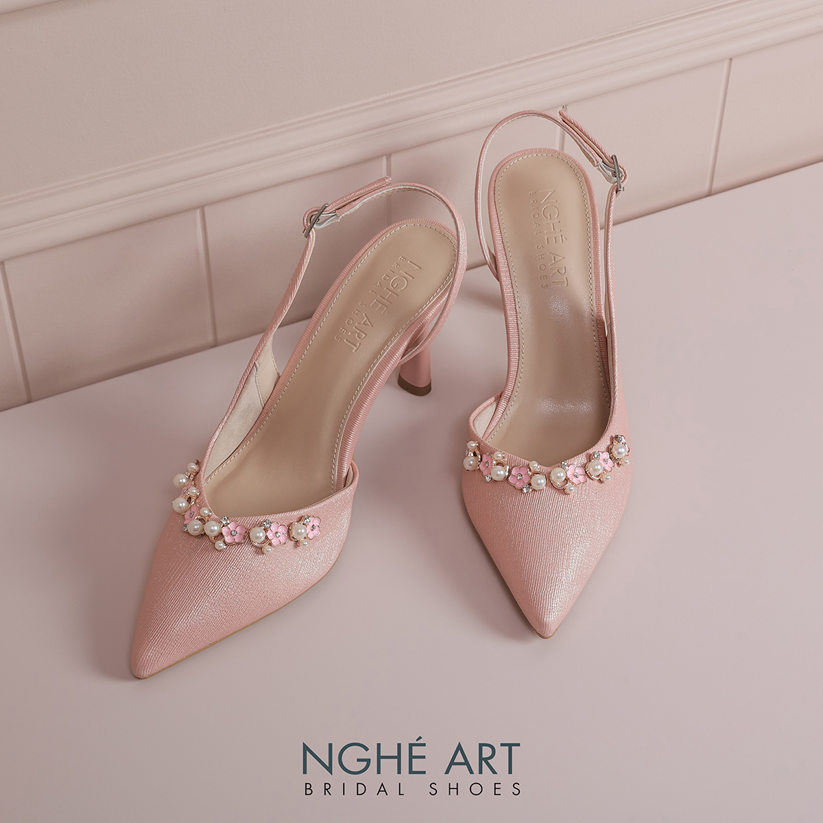 Giày cưới Nghé Art slingback hồng đính nhánh hoa kim loại 325-HONG-535-NHU-HONG - Ảnh 3 - Nghé Art Bridal Shoes – 0822288288