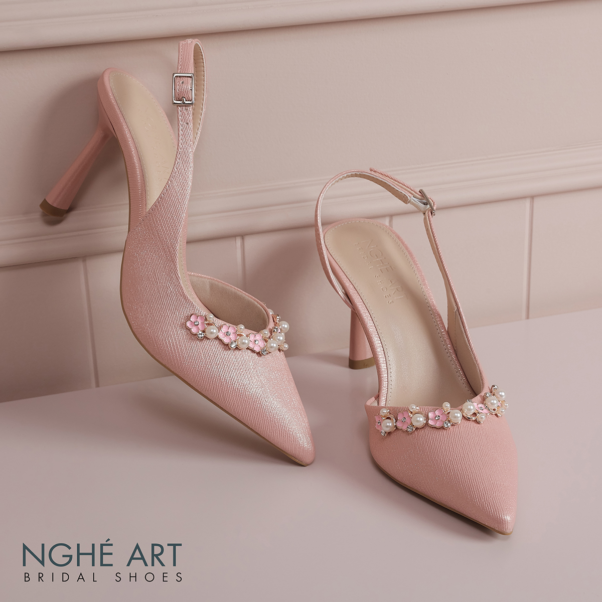 Giày cưới Nghé Art slingback hồng đính nhánh hoa kim loại 325-HONG-535-NHU-HONG - Ảnh 4 - Nghé Art Bridal Shoes – 0822288288