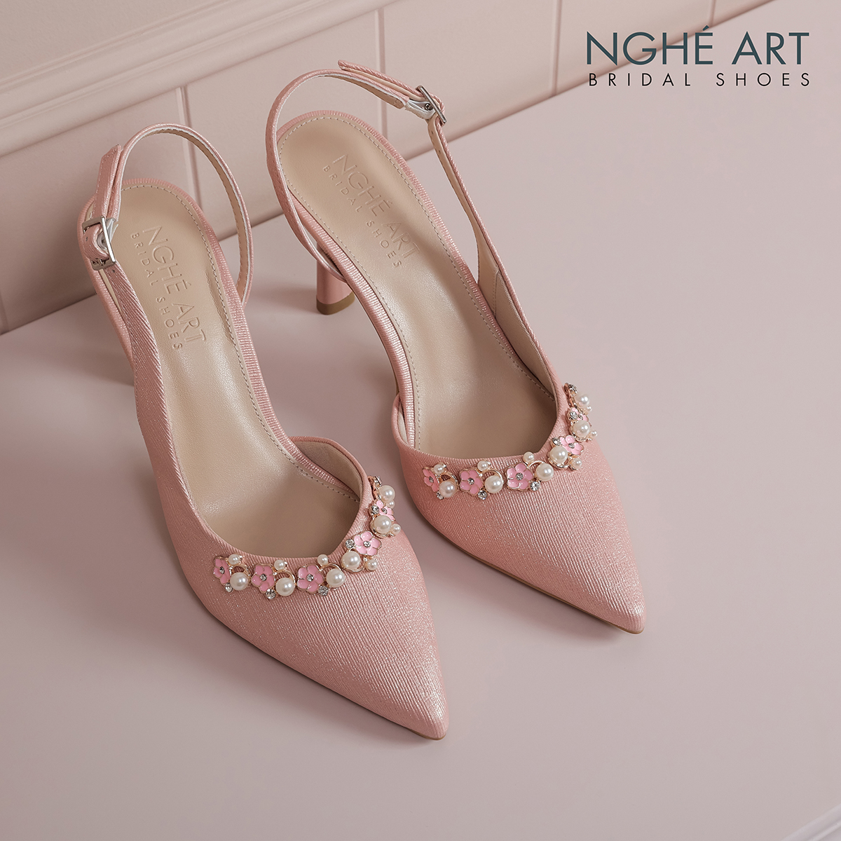 Giày cưới Nghé Art slingback hồng đính nhánh hoa kim loại 325-HONG-535-NHU-HONG - Ảnh 5 - Nghé Art Bridal Shoes – 0822288288