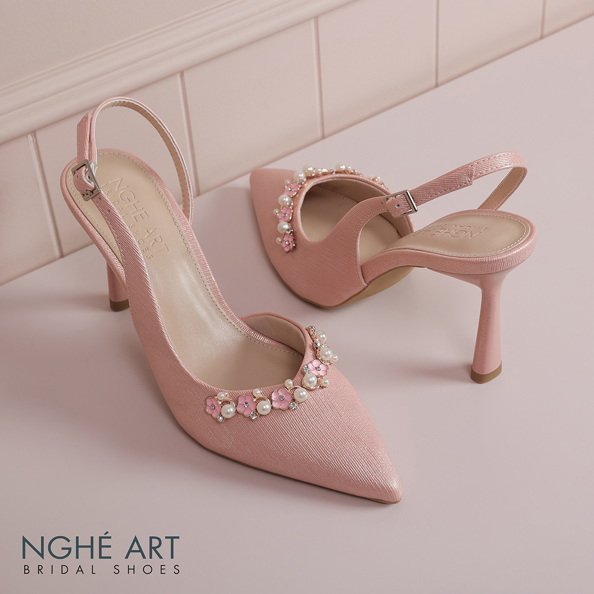 Giày cưới Nghé Art slingback hồng đính nhánh hoa kim loại 325-HONG-535-NHU-HONG - Ảnh 6 - Nghé Art Bridal Shoes – 0822288288