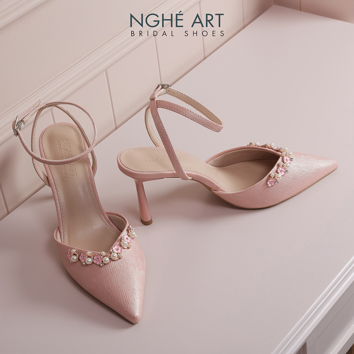 Giày cưới Nghé Art cao gót hồng đính nhánh hoa kim loại 325-HONG-590-9P-NHU-HONG - Ảnh 2 - Nghé Art Bridal Shoes – 0822288288