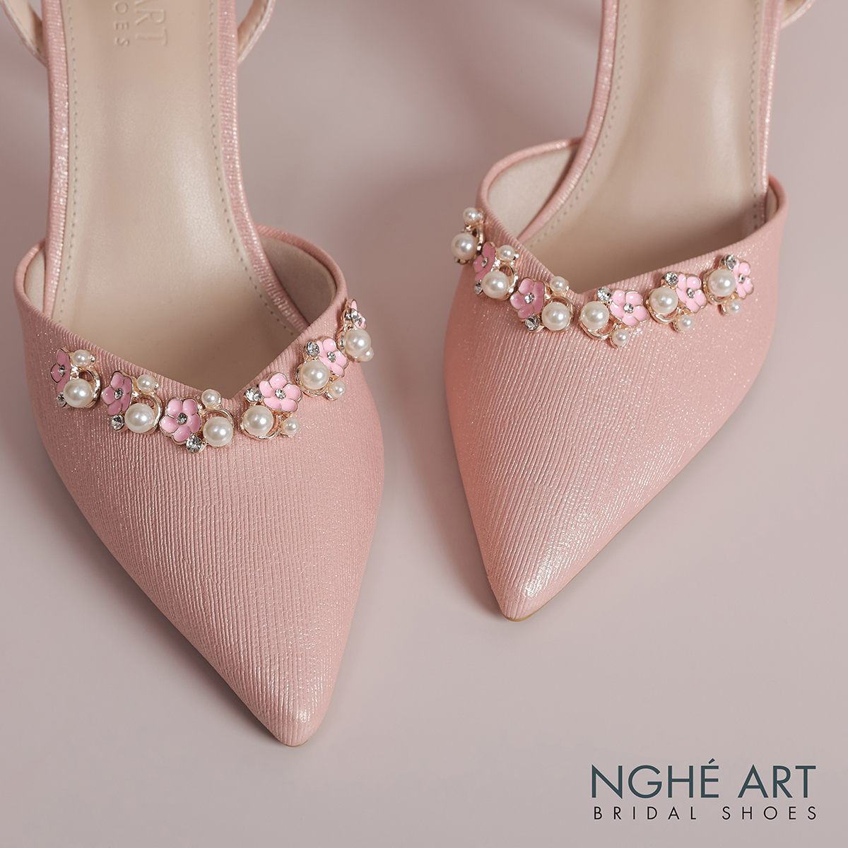 Giày cưới Nghé Art cao gót hồng đính nhánh hoa kim loại 325-HONG-590-9P-NHU-HONG - Ảnh 5 - Nghé Art Bridal Shoes – 0822288288