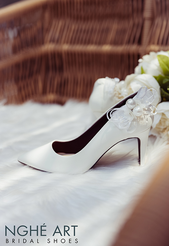 Giày cưới Nghé Art gót đính nơ màu trắng 328 - Ảnh 3 -  Nghé Art Bridal Shoes – 0908590288