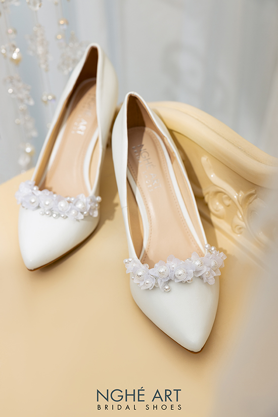 Giày cưới Nghé Art cao gót đính hoa voan ngọc trai 380 - Ảnh 5 -  Nghé Art Bridal Shoes – 0908590288