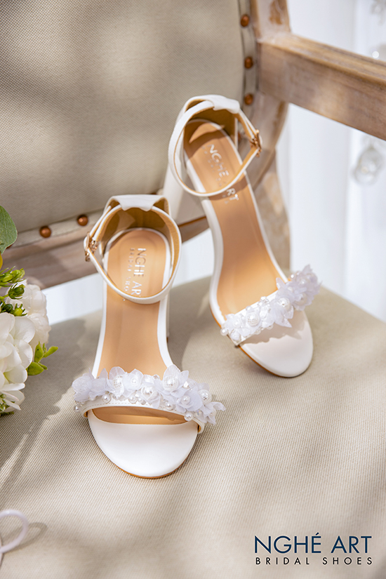 Giày cưới Nghé Art quai sandal đính hoa voan 382 - Ảnh 4 -  Nghé Art Bridal Shoes – 0908590288