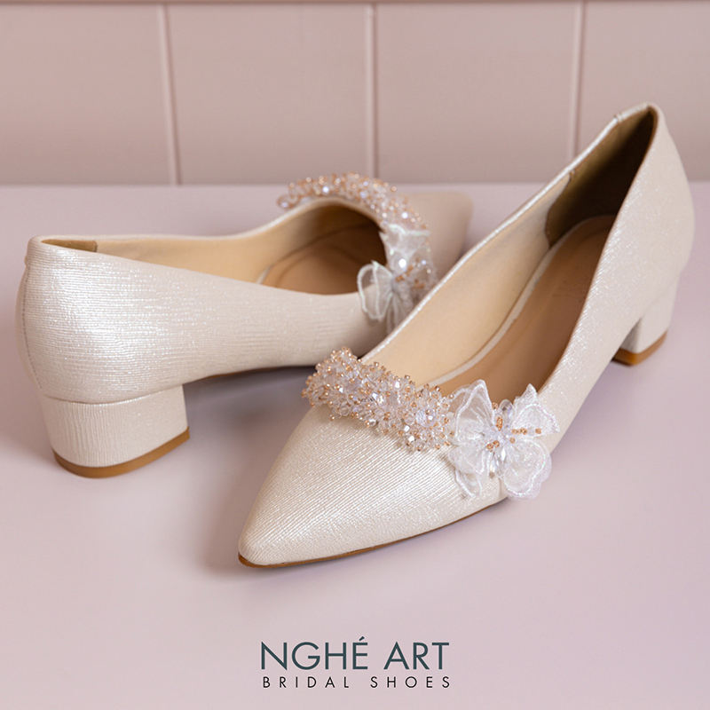 Giày cưới Nghé Art cao 4 cm đính pha lê cánh bướm voan 387-274-4P-NHU-VANG - Ảnh 3 - Nghé Art Bridal Shoes – 0822288288