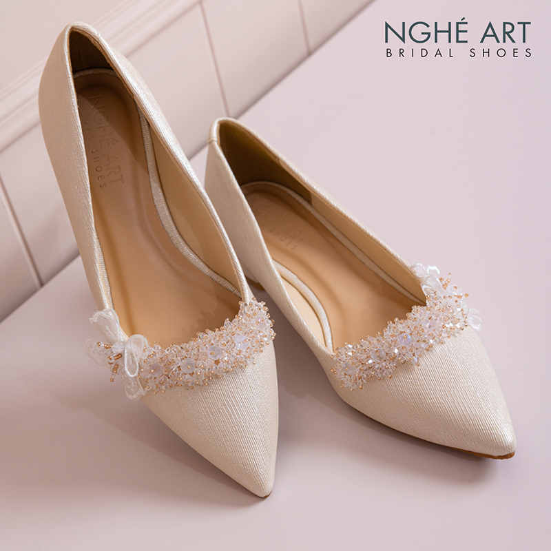 Giày cưới Nghé Art cao 4 cm đính pha lê cánh bướm voan 387-274-4P-NHU-VANG - Ảnh 4 - Nghé Art Bridal Shoes – 0822288288