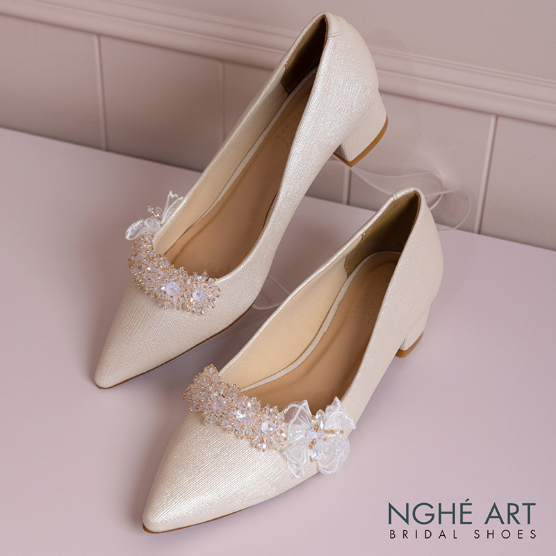 Giày cưới Nghé Art cao 4 cm đính pha lê cánh bướm voan 387-274-4P-NHU-VANG - Ảnh 5 - Nghé Art Bridal Shoes – 0822288288