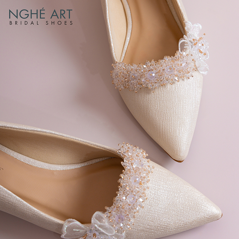 Giày cưới Nghé Art cao 4 cm đính pha lê cánh bướm voan 387-274-4P-NHU-VANG - Ảnh 6 - Nghé Art Bridal Shoes – 0822288288