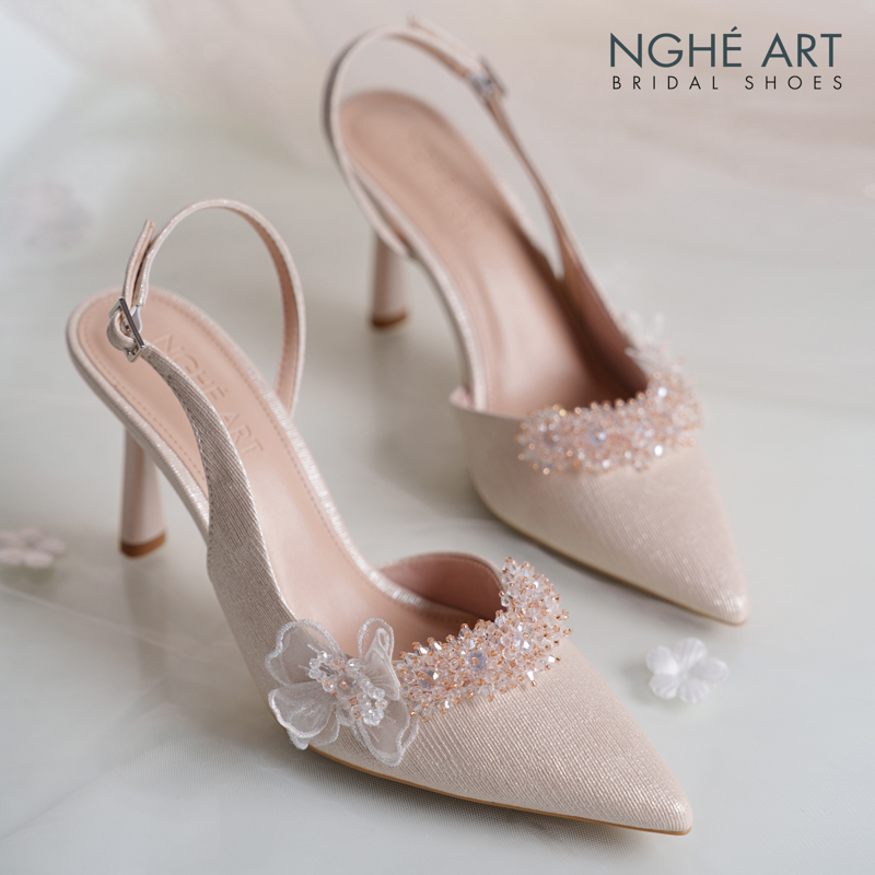 Giày cưới Nghé Art đính hoa pha lê và cánh hoa voan 387-535-9P-NHU-VANG - Ảnh 1 - Nghé Art Bridal Shoes – 0822288288