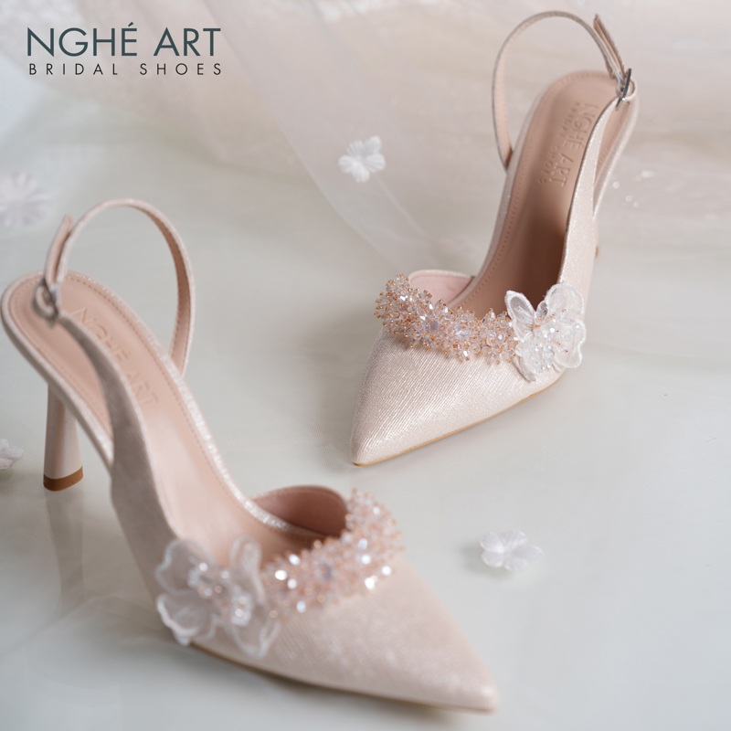 Giày cưới Nghé Art đính hoa pha lê và cánh hoa voan 387-535-9P-NHU-VANG - Ảnh 2 - Nghé Art Bridal Shoes – 0822288288