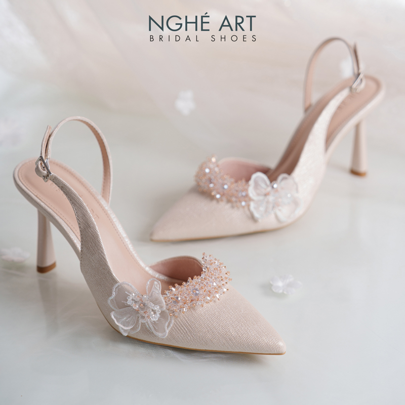 Giày cưới Nghé Art đính hoa pha lê và cánh hoa voan 387-535-9P-NHU-VANG - Ảnh 4 - Nghé Art Bridal Shoes – 0822288288