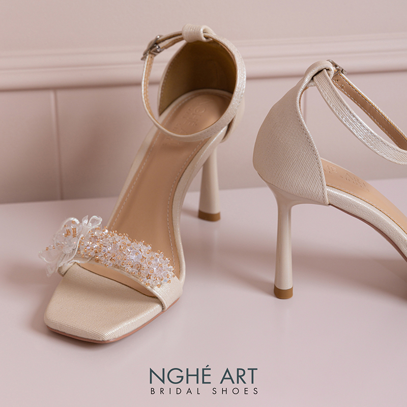 Giày cưới Nghé Art dáng sandal 9 cm đính pha lê cánh bướm voan 387-566-9P-NHU-VANG - Ảnh 5 - Nghé Art Bridal Shoes – 0822288288