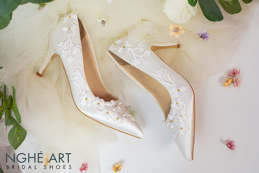 Giày cưới Nghé Art lụa satin hoa nổi 412 - Ảnh 6 -  Nghé Art Bridal Shoes – 0822288288