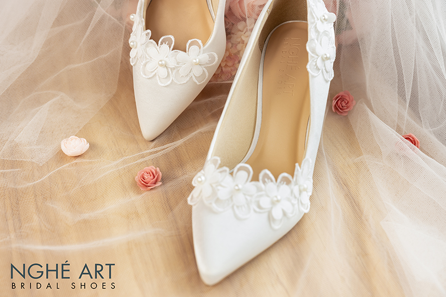 Giày cô dâu Nghé Art lụa satin hoa voan 422 - Ảnh 2 -  Nghé Art Bridal Shoes – 0822288288