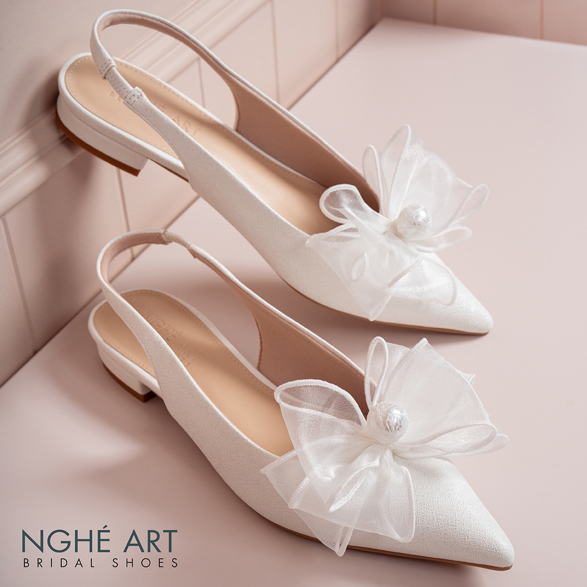 Giày cưới Nghé Art slingback dáng bệt nơ voan 431-593-2P-NHU-TRANG - Ảnh 1 - Nghé Art Bridal Shoes – 0822288288