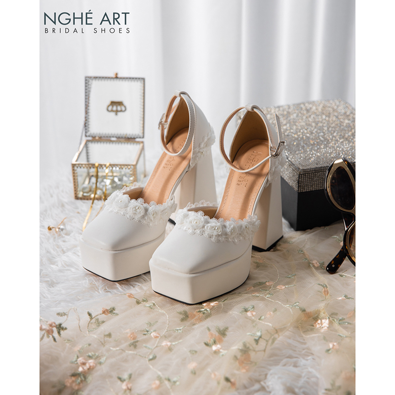 Giày cưới Nghé Art cao gót mũi vuông viền hoa hồng 449G-470-13p-da-trang - Ảnh 2 - Nghé Art Bridal Shoes – 0822288288