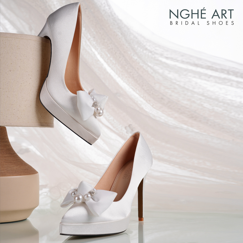 Giày cưới Nghé Art lụa satin trắng cao 12 cm đính nơ lụa 483-543-12P-LUA-TRANG - Ảnh 4 - Nghé Art Bridal Shoes – 0822288288