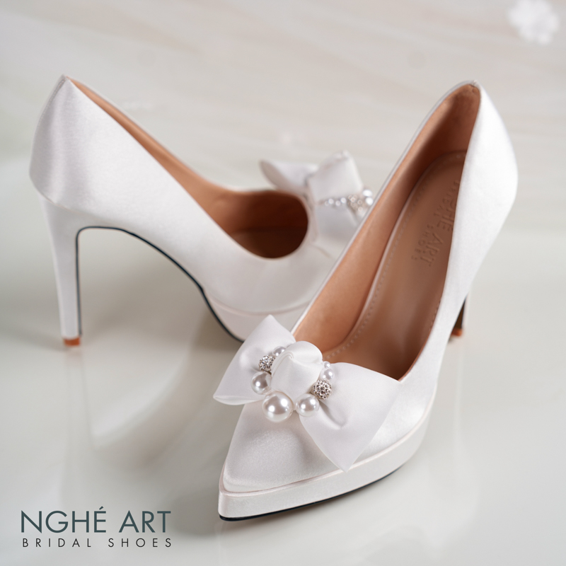 Giày cưới Nghé Art lụa satin trắng cao 12 cm đính nơ lụa 483-543-12P-LUA-TRANG - Ảnh 5 - Nghé Art Bridal Shoes – 0822288288