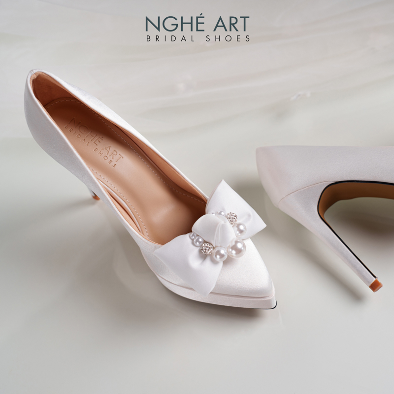 Giày cưới Nghé Art lụa satin trắng cao 12 cm đính nơ lụa 483-543-12P-LUA-TRANG - Ảnh 6 - Nghé Art Bridal Shoes – 0822288288