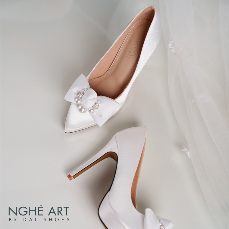 Giày cưới Nghé Art lụa satin trắng cao 12 cm đính nơ lụa 483-543-12P-LUA-TRANG - Ảnh 7 - Nghé Art Bridal Shoes – 0822288288