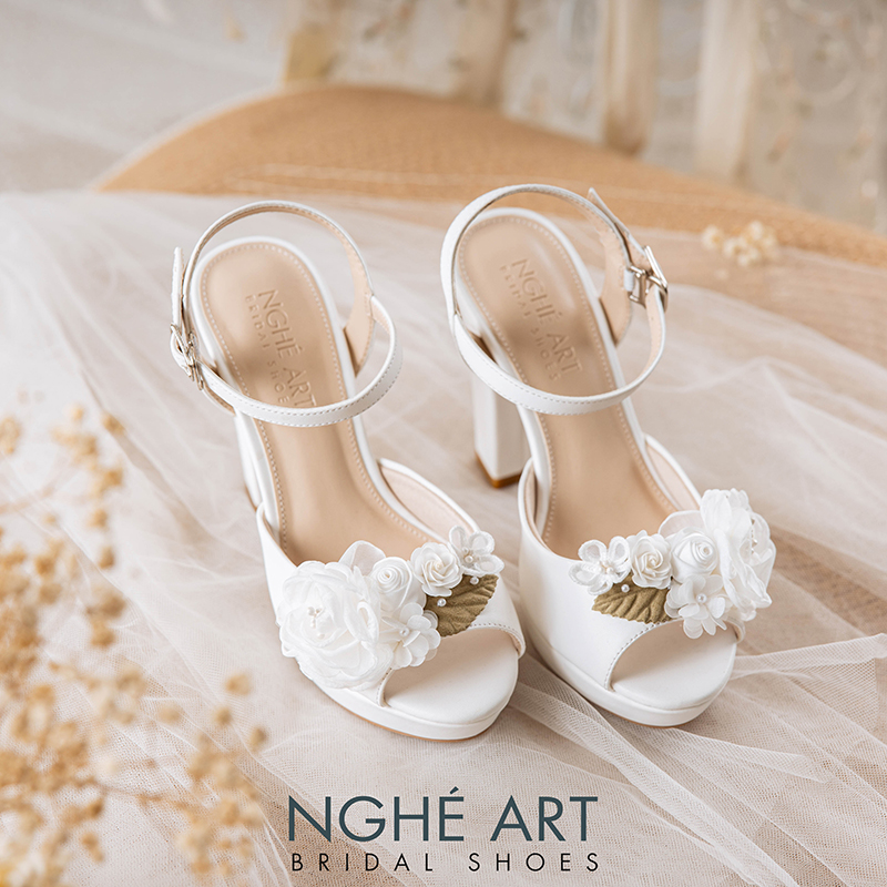 Giày cưới Nghé Art cao gót 12 cm đính hoa voan 506-203-12P-DA-TRANG - Ảnh 1 - Nghé Art Bridal Shoes – 0822288288