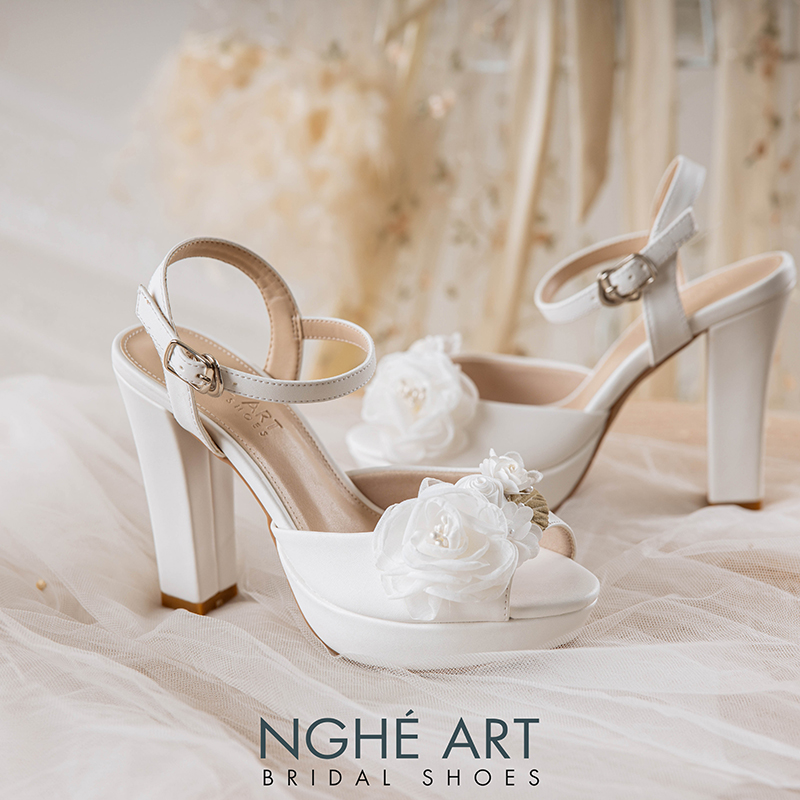Giày cưới Nghé Art cao gót 12 cm đính hoa voan 506-203-12P-DA-TRANG - Ảnh 2 - Nghé Art Bridal Shoes – 0822288288