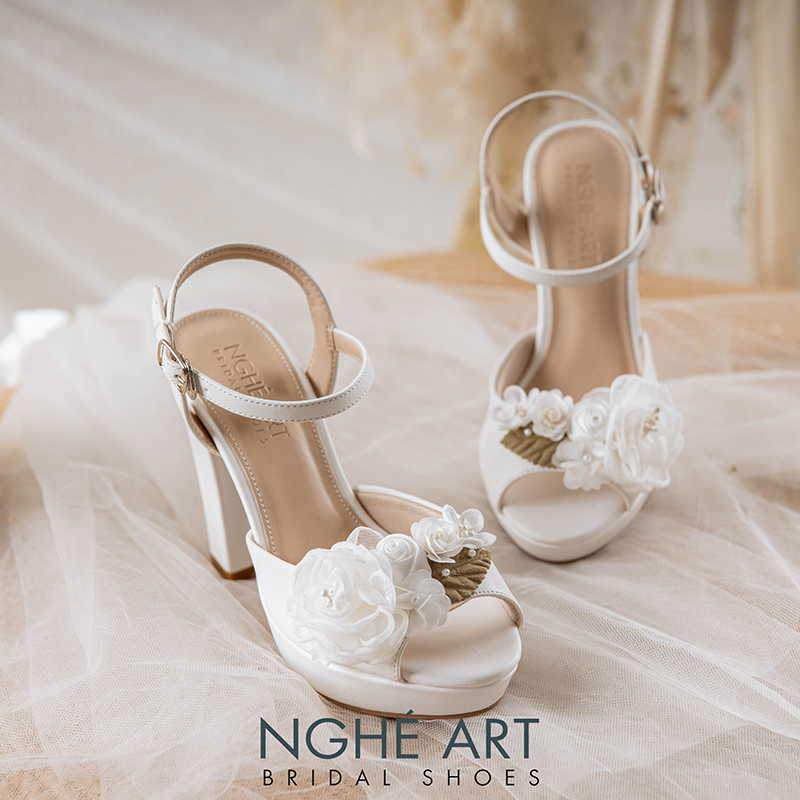 Giày cưới Nghé Art cao gót 12 cm đính hoa voan 506-203-12P-DA-TRANG - Ảnh 3 - Nghé Art Bridal Shoes – 0822288288