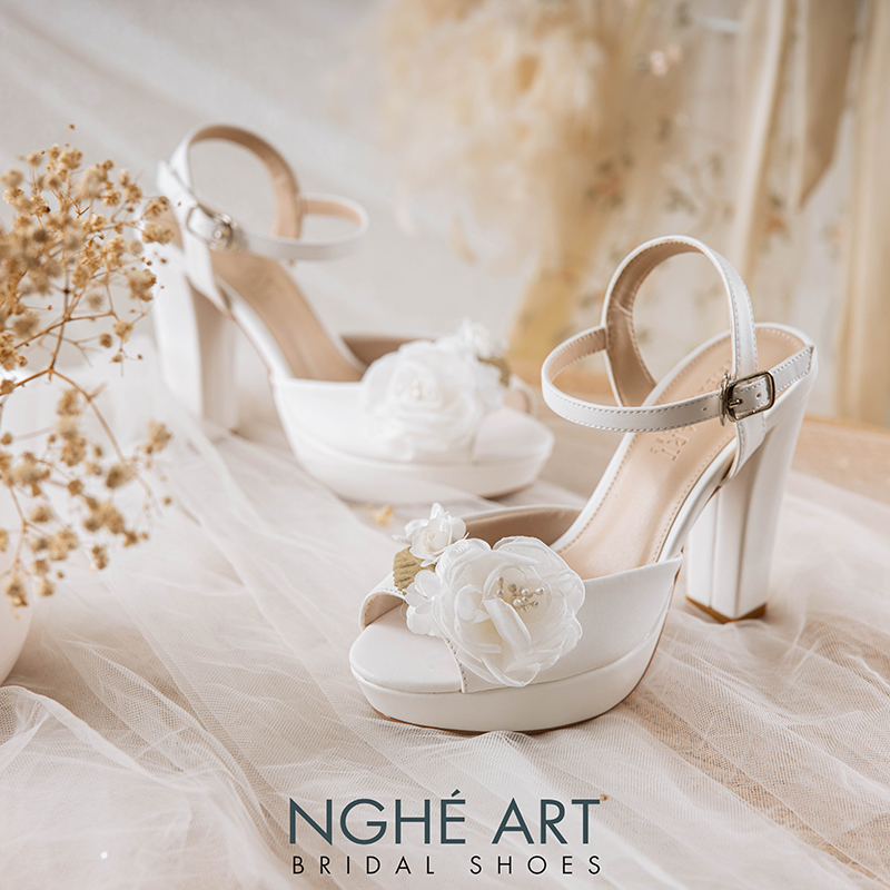 Giày cưới Nghé Art cao gót 12 cm đính hoa voan 506-203-12P-DA-TRANG - Ảnh 6 - Nghé Art Bridal Shoes – 0822288288