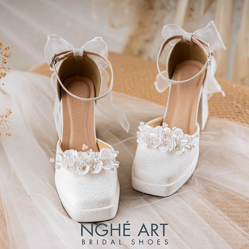 Giày cưới Nghé Art dáng Mary Jane ren hoa gót đính nơ 517-470-DA-TRANG - Ảnh 1 - Nghé Art Bridal Shoes – 0822288288