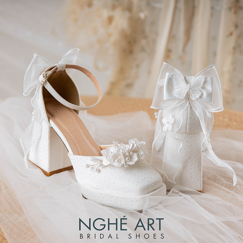 Giày cưới Nghé Art dáng Mary Jane ren hoa gót đính nơ 517-470-DA-TRANG - Ảnh 2 - Nghé Art Bridal Shoes – 0822288288