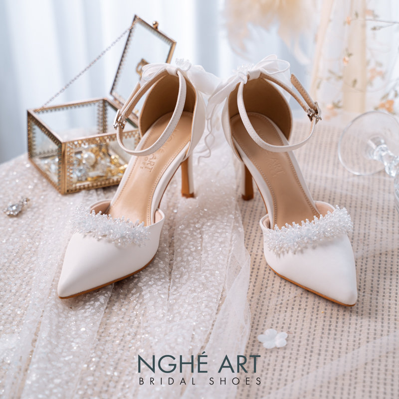 Giày cưới Nghé Art đính pha lê gót nơ 523-340-9P-DA-TRANG - Ảnh 2 - Nghé Art Bridal Shoes – 0822288288