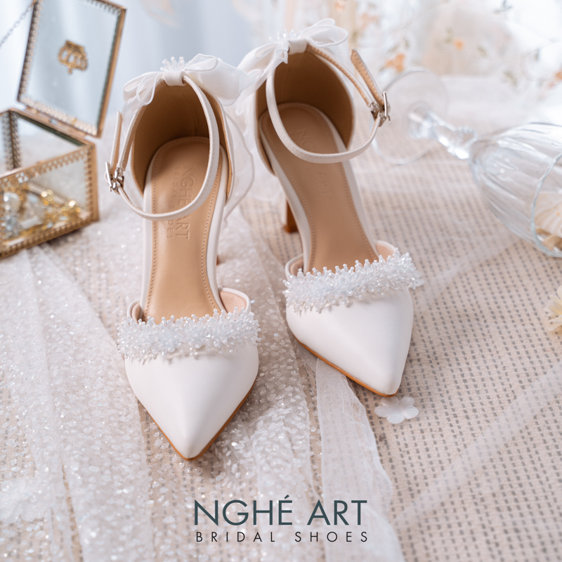 Giày cưới Nghé Art đính pha lê gót nơ 523-340-9P-DA-TRANG - Ảnh 3 - Nghé Art Bridal Shoes – 0822288288