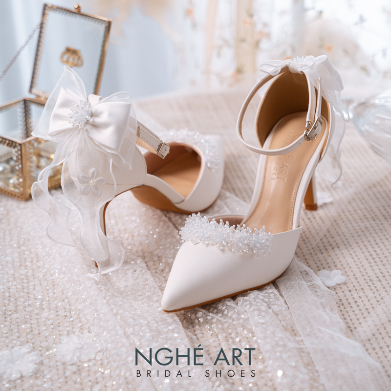 Giày cưới Nghé Art đính pha lê gót nơ 523-340-9P-DA-TRANG - Ảnh 4 - Nghé Art Bridal Shoes – 0822288288