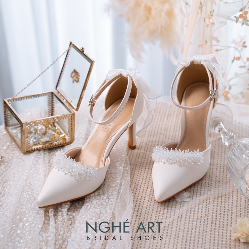 Giày cưới Nghé Art đính pha lê gót nơ 523-340-9P-DA-TRANG - Ảnh 5 - Nghé Art Bridal Shoes – 0822288288