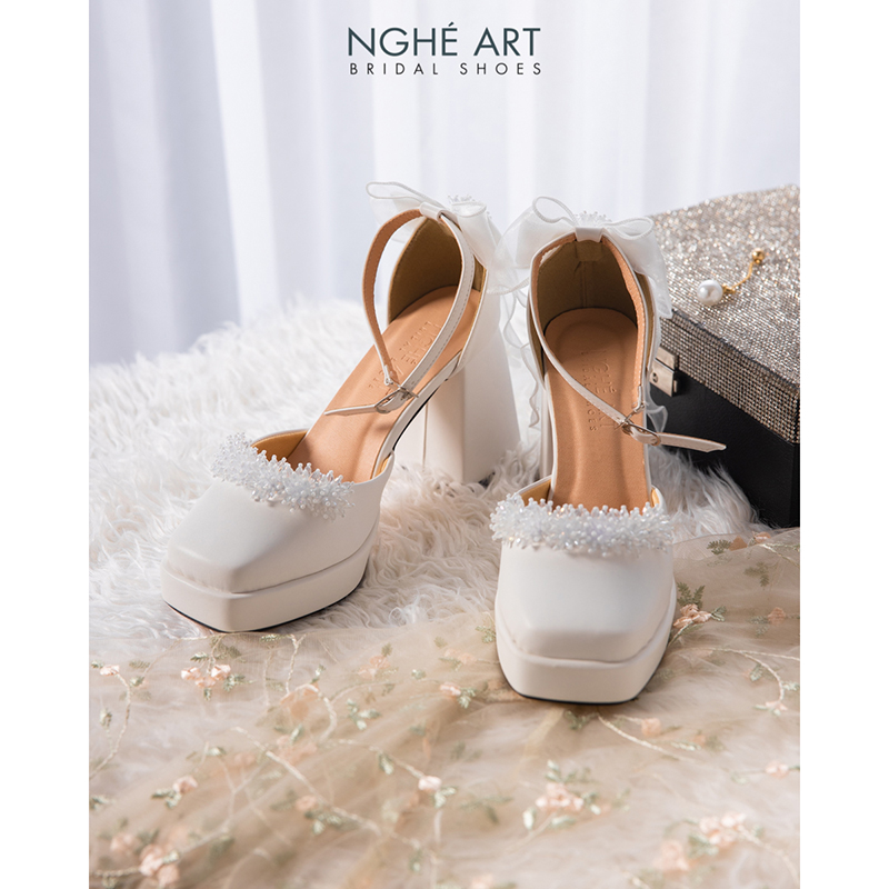 Giày cưới Nghé Art đính pha lê gót nơ 523-470-10p-da-trang - Ảnh 1 - Nghé Art Bridal Shoes – 0822288288