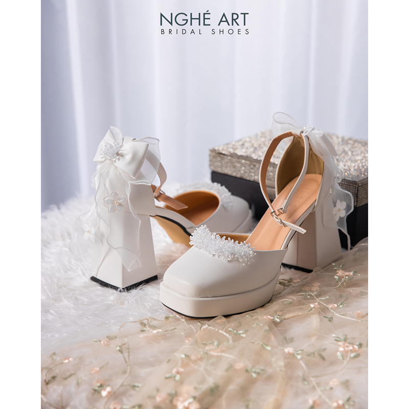 Giày cưới Nghé Art đính pha lê gót nơ 523-470-10p-da-trang - Ảnh 2 - Nghé Art Bridal Shoes – 0822288288