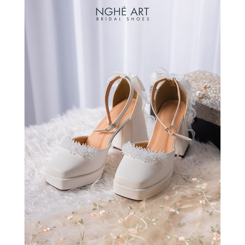 Giày cưới Nghé Art đính pha lê gót nơ 523-470-10p-da-trang - Ảnh 3 - Nghé Art Bridal Shoes – 0822288288