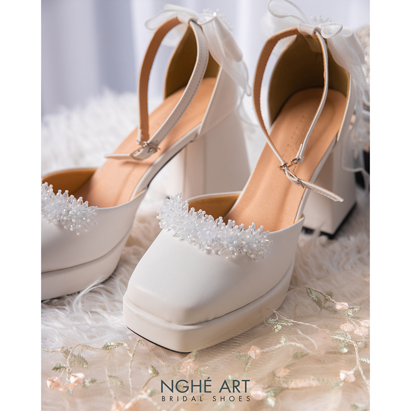 Giày cưới Nghé Art đính pha lê gót nơ 523-470-10p-da-trang - Ảnh 4 - Nghé Art Bridal Shoes – 0822288288